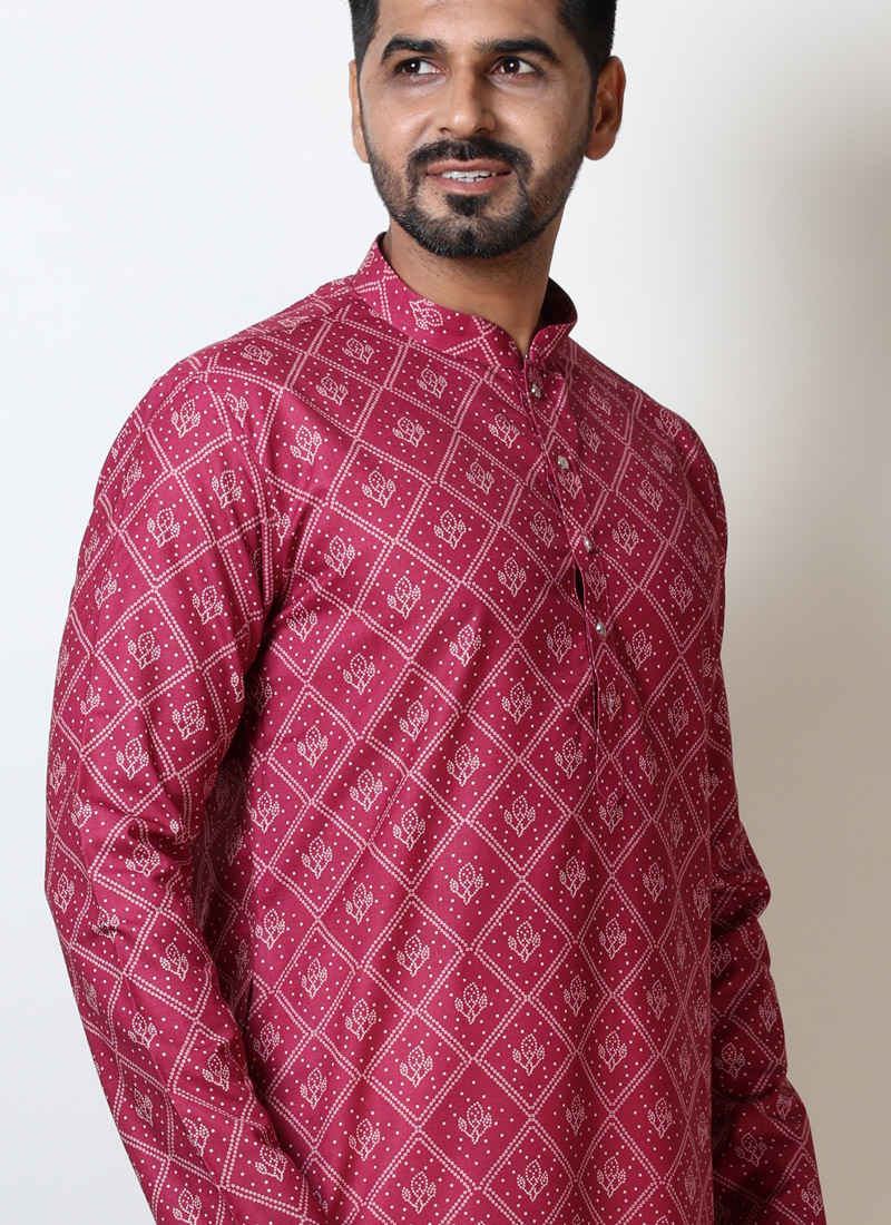 Navratri Garba Cotton Viscose Bandhani Kurta For Men In Pink Navratri Garba Cotton Viscose Bandhani Kurta For Men In Pink