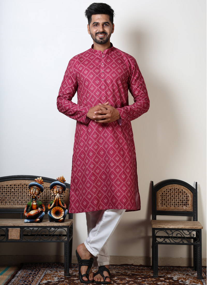 Navratri Garba Cotton Viscose Bandhani Kurta For Men In Pink Navratri Garba Cotton Viscose Bandhani Kurta For Men In Pink