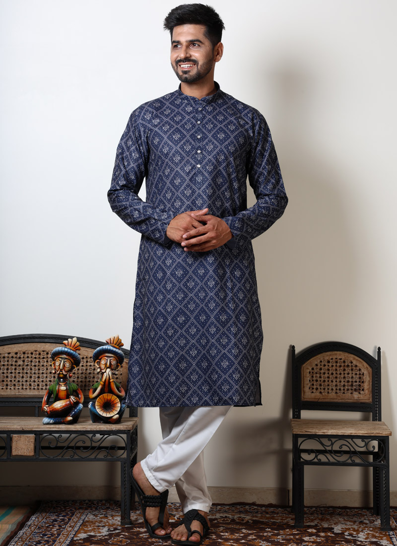 Cotton Viscose Bandhani Print Navratri Wear Kurta In Navy Blue Cotton Viscose Bandhani Print Navratri Wear Kurta In Navy Blue