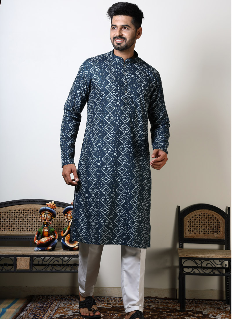 Navy Blue Cotton Viscose Navratri Kurta For Men Navy Blue Cotton Viscose Navratri Kurta For Men