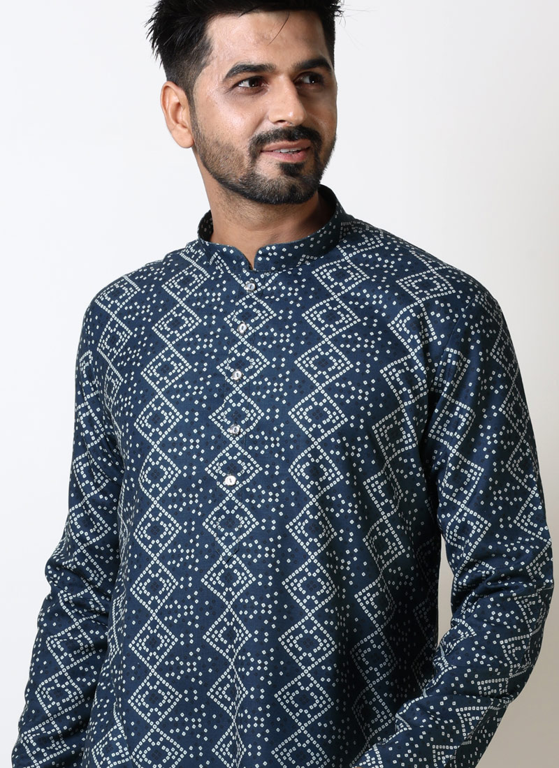 Navy Blue Cotton Viscose Navratri Kurta For Men Navy Blue Cotton Viscose Navratri Kurta For Men