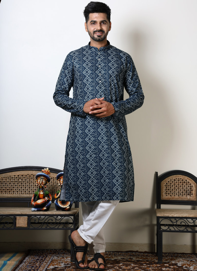 Navy Blue Cotton Viscose Navratri Kurta For Men Navy Blue Cotton Viscose Navratri Kurta For Men