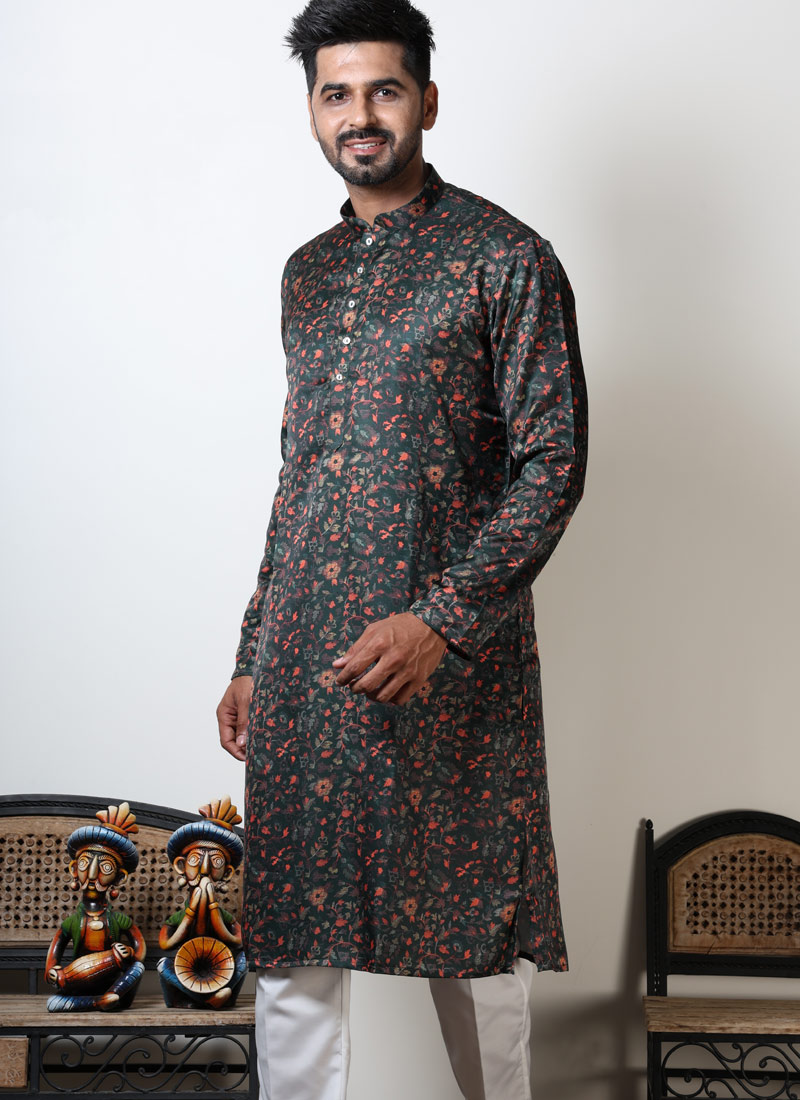 Floral Print Cotton Viscose Navratri Wear Kurta For Mens In Dark Green Floral Print Cotton Viscose Navratri Wear Kurta For Mens In Dark Green