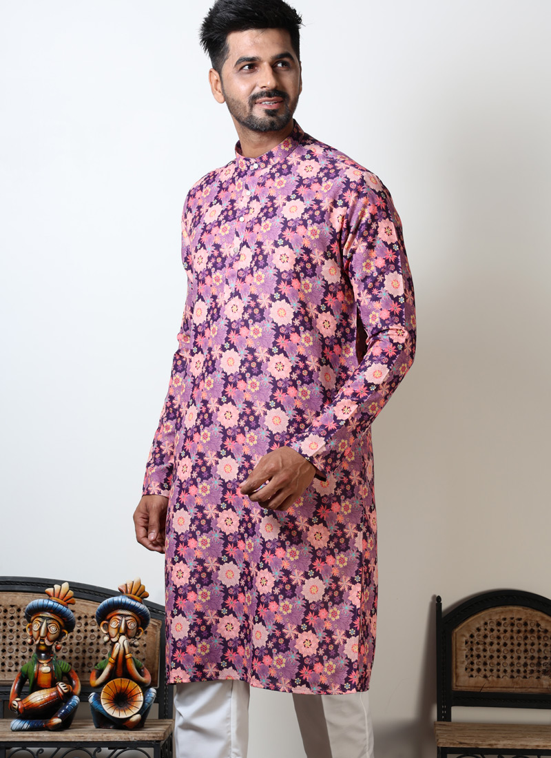 Purple & Peach Cotton Viscose Knee Length Kurta For Navratri 2024 Purple & Peach Cotton Viscose Knee Length Kurta For Navratri 2024