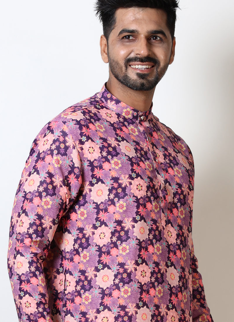 Purple & Peach Cotton Viscose Knee Length Kurta For Navratri 2024 Purple & Peach Cotton Viscose Knee Length Kurta For Navratri 2024