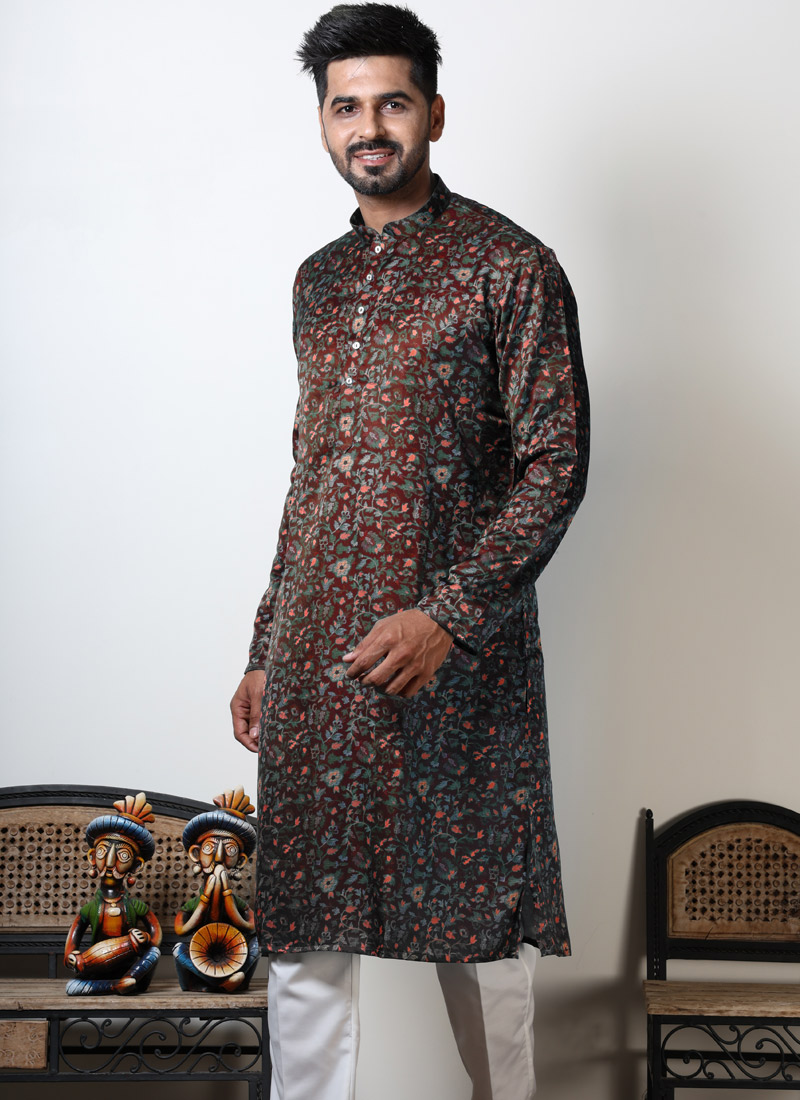 Maroon Cotton Floral Mens Kurta For Navratri 2024 Maroon Cotton Floral Mens Kurta For Navratri 2024