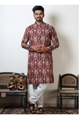 Abstract Print Knee Length Navratri Kurta For Mens In Maroon