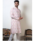 White & Pink Abstract Print Cotton Kurta For Mens