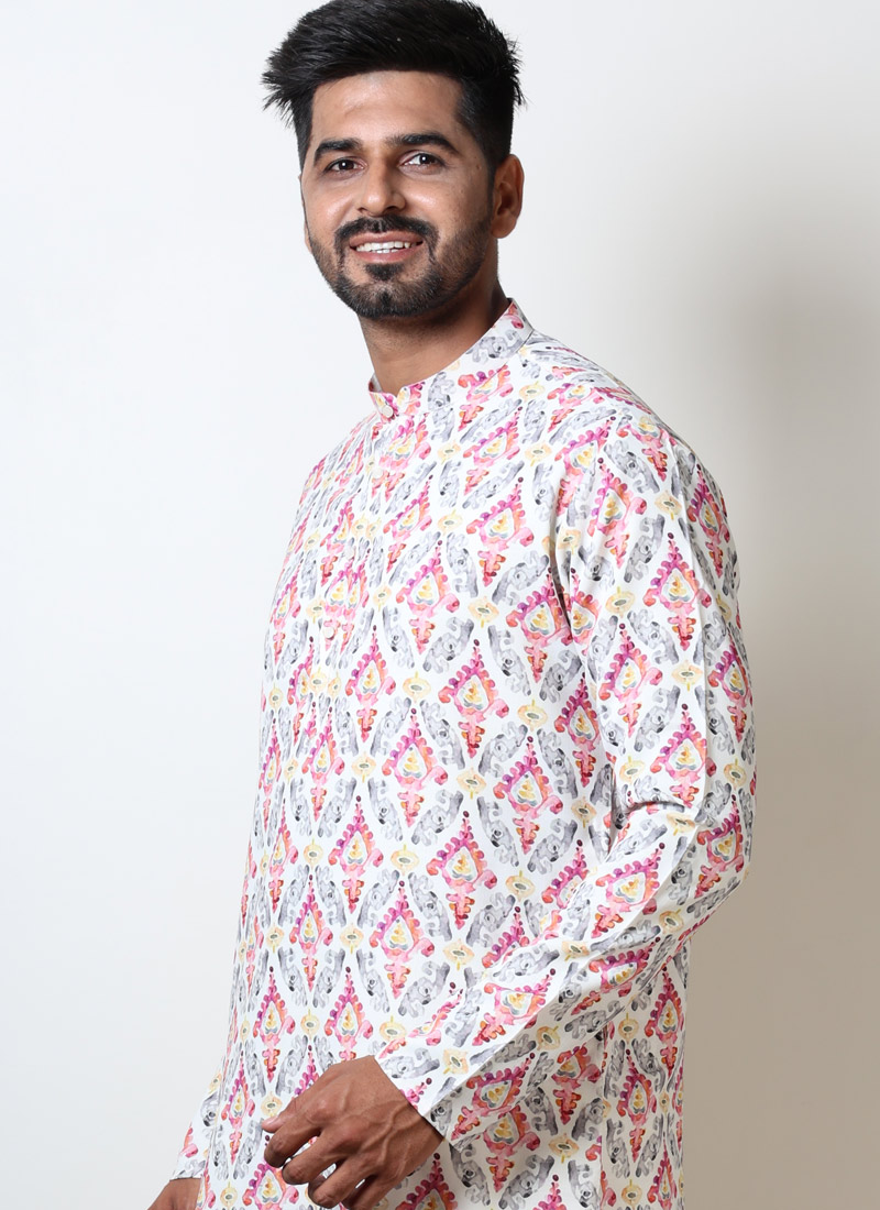 White & Pink Abstract Print Cotton Kurta For Mens White & Pink Abstract Print Cotton Kurta For Mens
