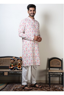 White & Pink Abstract Print Cotton Kurta For Mens