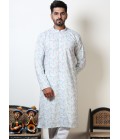 Vantara Print Exclusive Cotton Kurta For Mens In White & Teal Vantara Print Exclusive Cotton Kurta For Mens In White & Teal