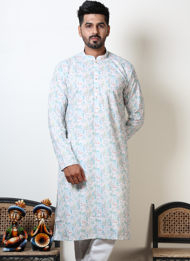 Vantara Print Exclusive Cotton Kurta For Mens In White & Teal Vantara Print Exclusive Cotton Kurta For Mens In White & Teal