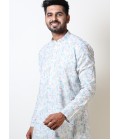 Vantara Print Exclusive Cotton Kurta For Mens In White & Teal Vantara Print Exclusive Cotton Kurta For Mens In White & Teal