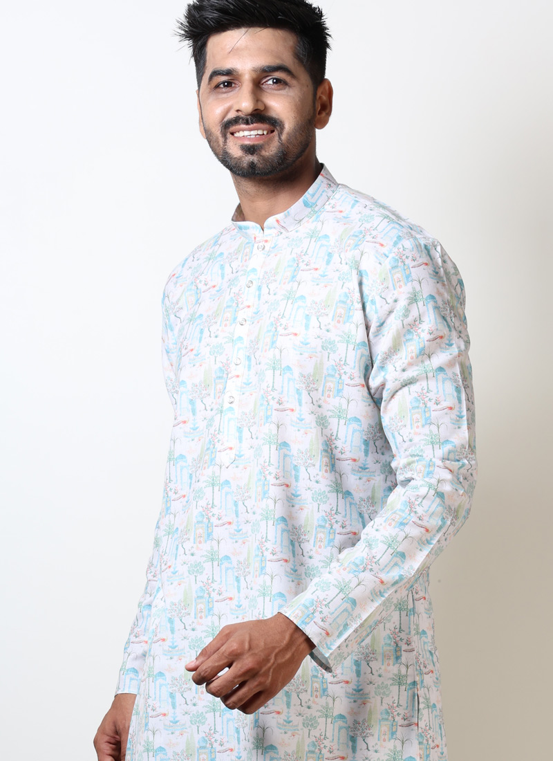 Vantara Print Exclusive Cotton Kurta For Mens In White & Teal Vantara Print Exclusive Cotton Kurta For Mens In White & Teal