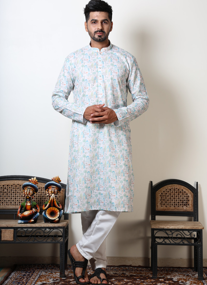 Vantara Print Exclusive Cotton Kurta For Mens In White & Teal Vantara Print Exclusive Cotton Kurta For Mens In White & Teal