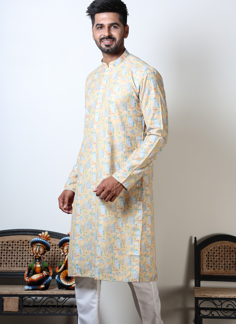 Yellow Cotton Viscose Vantara Print Navratri Kurta For Mens Yellow Cotton Viscose Vantara Print Navratri Kurta For Mens