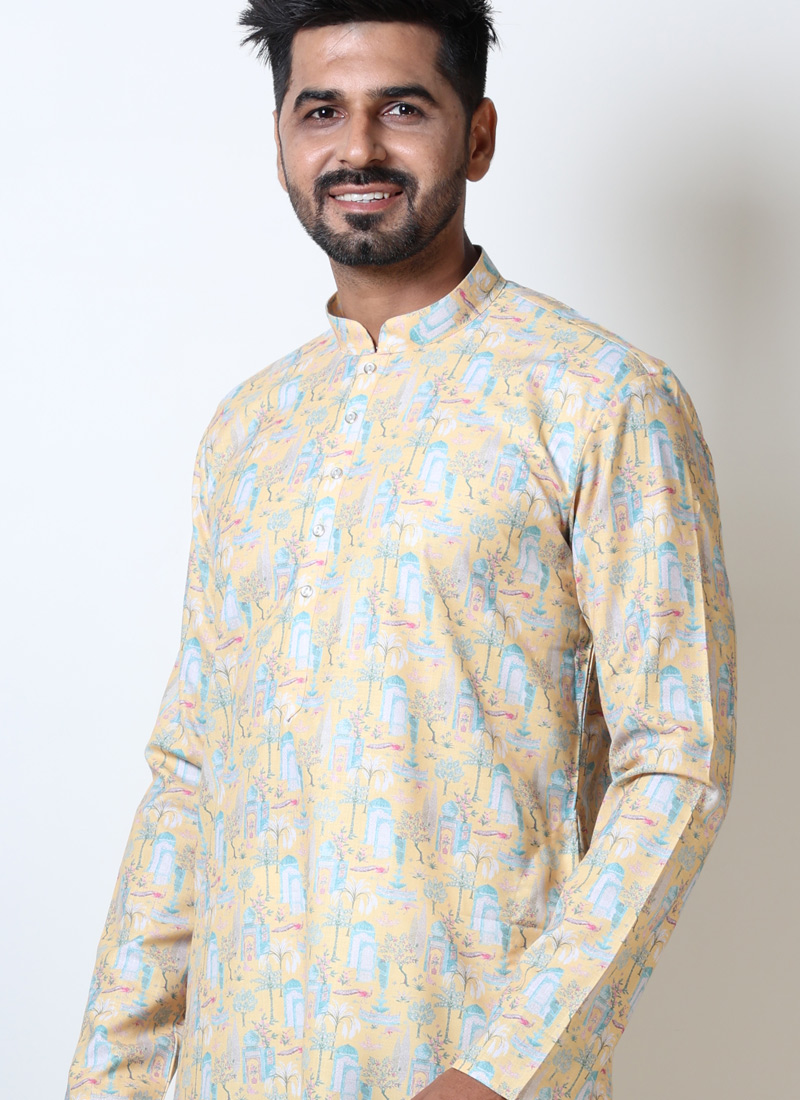 Yellow Cotton Viscose Vantara Print Navratri Kurta For Mens Yellow Cotton Viscose Vantara Print Navratri Kurta For Mens