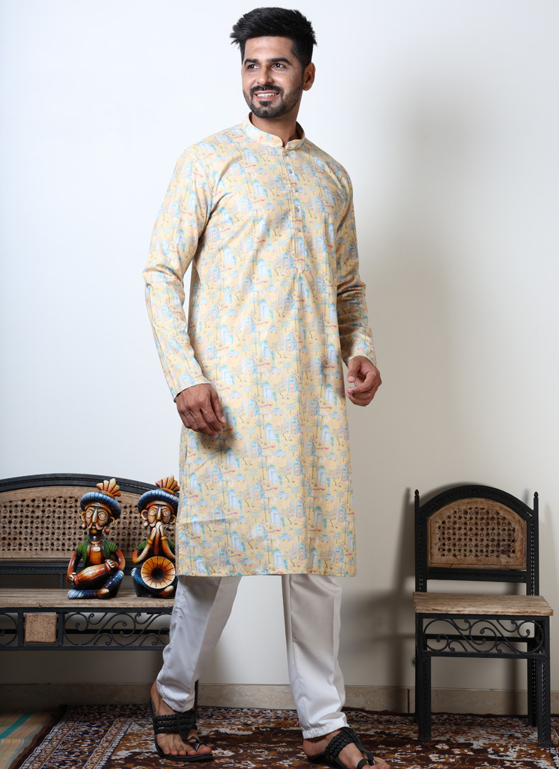 Yellow Cotton Viscose Vantara Print Navratri Kurta For Mens Yellow Cotton Viscose Vantara Print Navratri Kurta For Mens