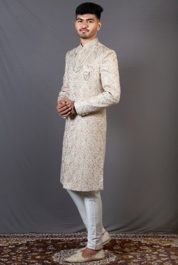 Beige Linen Silk Wedding Sherwani