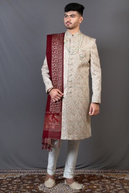 Beige Linen Silk Wedding Sherwani