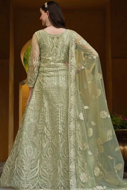 Embroidered Net Pakistani Anarkali Suit In Light Green.