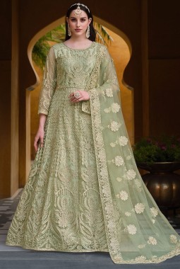 Embroidered Net Pakistani Anarkali Suit In Light Green.