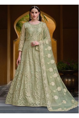 Embroidered Net Pakistani Anarkali Suit In Light Green.