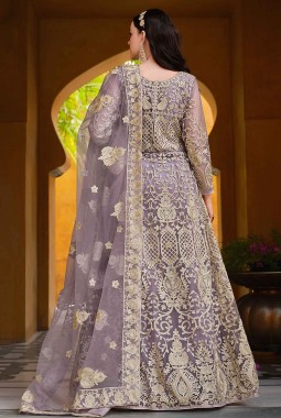 Net Purple Embroidered Pakistani Anarkali Suit