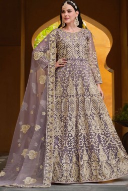 Net Purple Embroidered Pakistani Anarkali Suit
