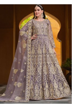 Net Purple Embroidered Pakistani Anarkali Suit