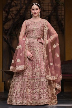 Net Party Wear Embroidered Pakistani Anarkali Suit in Peach