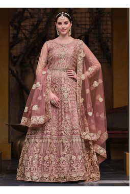 Net Party Wear Embroidered Pakistani Anarkali Suit in Peach