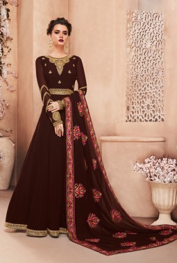 Brown Faux Georgette Ceremony Gown Style Anarkali