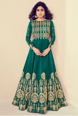 Green Royal Silk Festival Embroidered Anarkali Churidar Suit