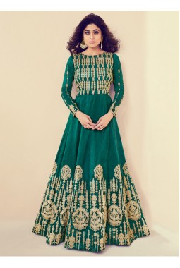 Green Royal Silk Festival Embroidered Anarkali Churidar Suit
