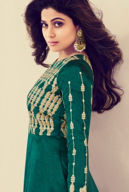 Green Royal Silk Festival Embroidered Anarkali Churidar Suit