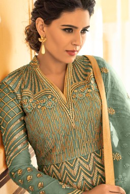 Green Net Ceremony Embroidered Abaya Style Anarkali