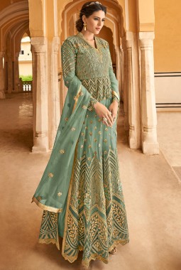 Green Net Ceremony Embroidered Abaya Style Anarkali