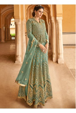 Green Net Ceremony Embroidered Abaya Style Anarkali