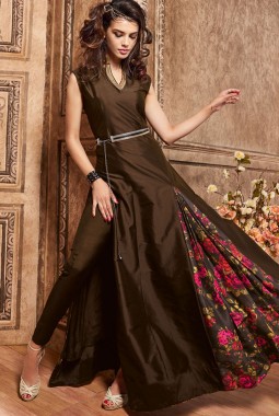 Brown Silk Party Embroidered Pakistani Suit