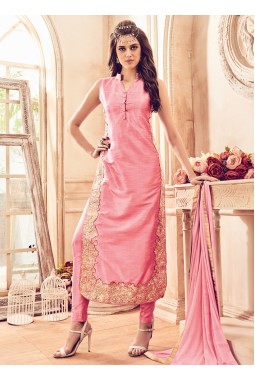 Pink Banarsi Silk Party Embroidered Straight Cut Suit