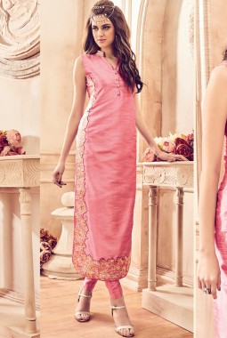 Pink Banarsi Silk Party Embroidered Straight Cut Suit
