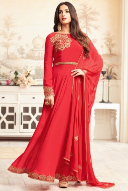 Red Art Silk Wedding Embroidered Abaya Style Anarkali