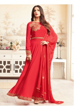 Red Art Silk Wedding Embroidered Abaya Style Anarkali