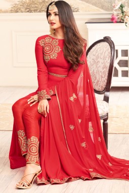 Red Art Silk Wedding Embroidered Abaya Style Anarkali