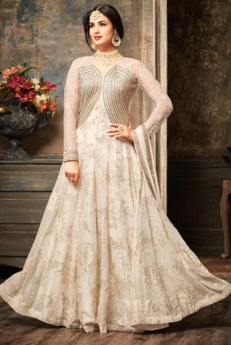 Off-White Faux Georgette Wedding Floor Length Anarkali Suit