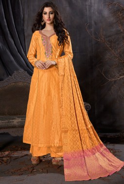 Yellow Silk Party Embroidered Palazzo Suit