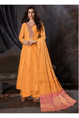 Yellow Silk Party Embroidered Palazzo Suit