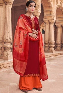 Maroon Faux Georgette Party Embroidered Palazzo Suit