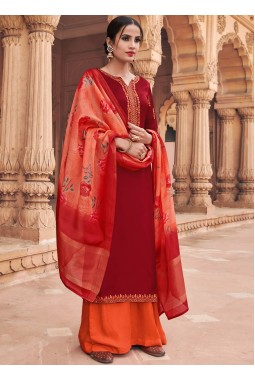 Maroon Faux Georgette Party Embroidered Palazzo Suit